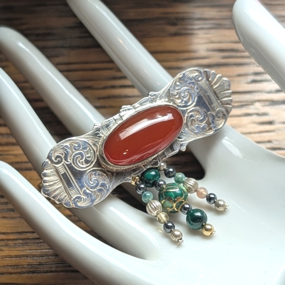 Vintage Carnelian Cloisonne Beads Coin Silver Brooch